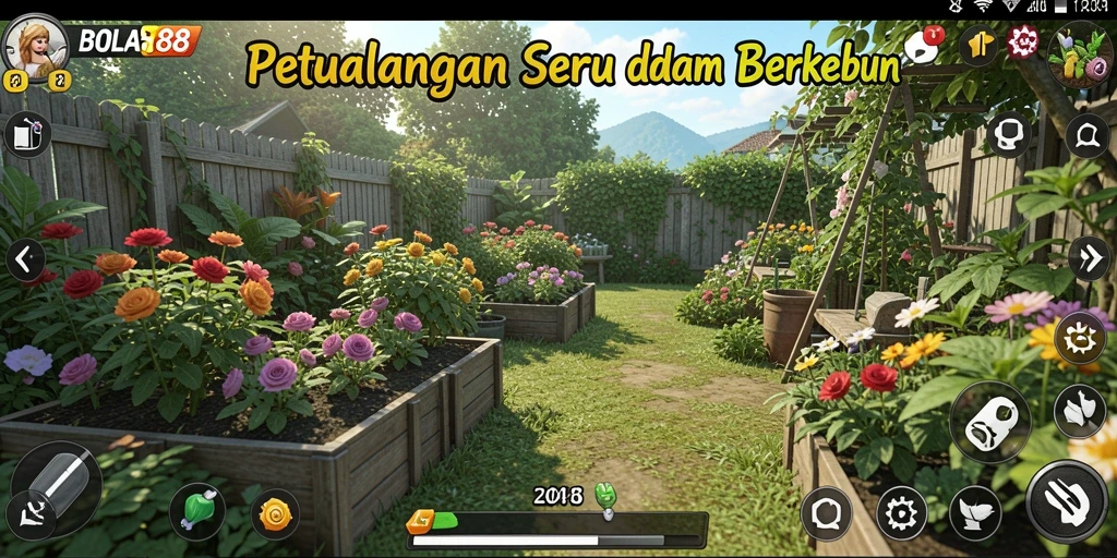 Screenshot gameplay seru BOLA88 menampilkan aktivitas berkebun kreatif.