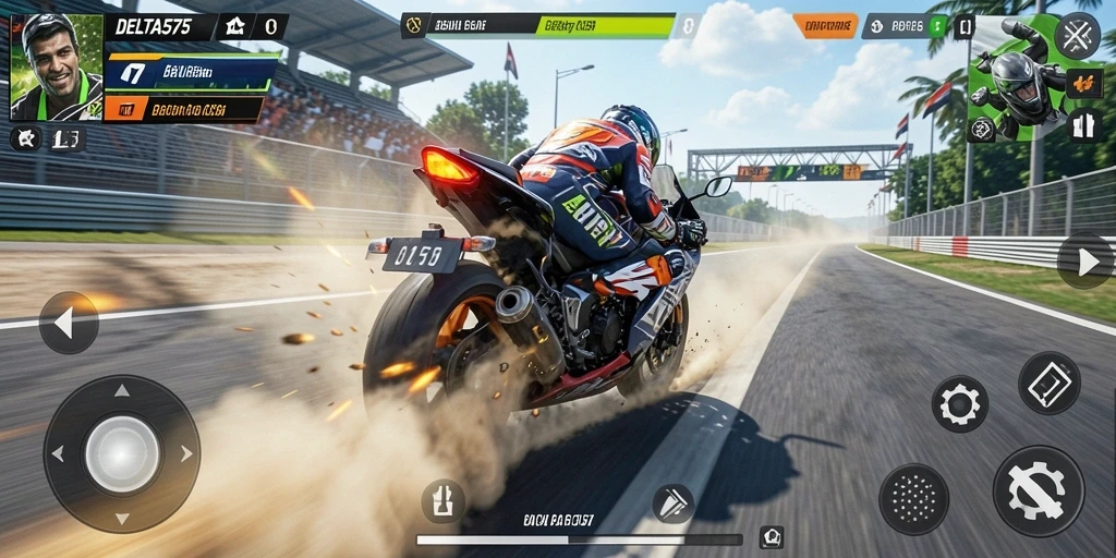 Gameplay DELTA575 yang seru dengan balapan motor menantang.